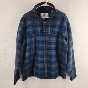 John Wayne Mens Blue Plaid Fleece Mock Neck Snap Button Pullover Large